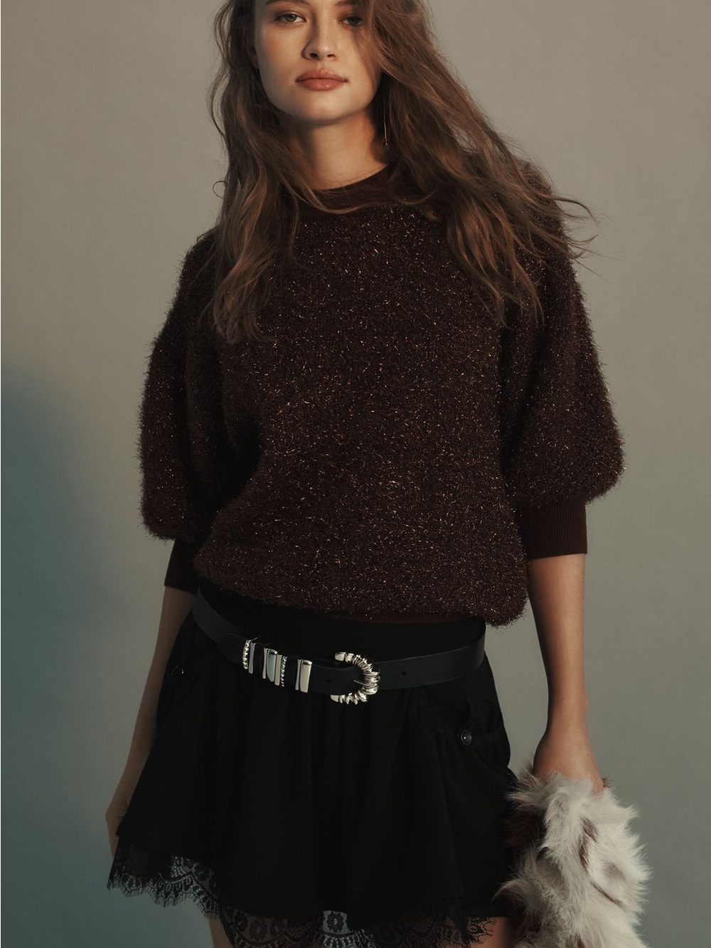 Maeve Violetta Short-Sleeve Tinsel Sweater